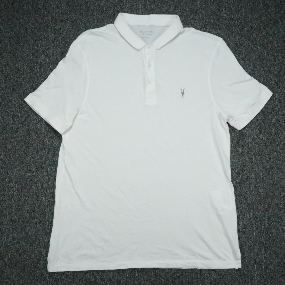 AllSaints Shirt Mens XL White Vidal Polo Short Sleeve Ramskull Logo Jersey